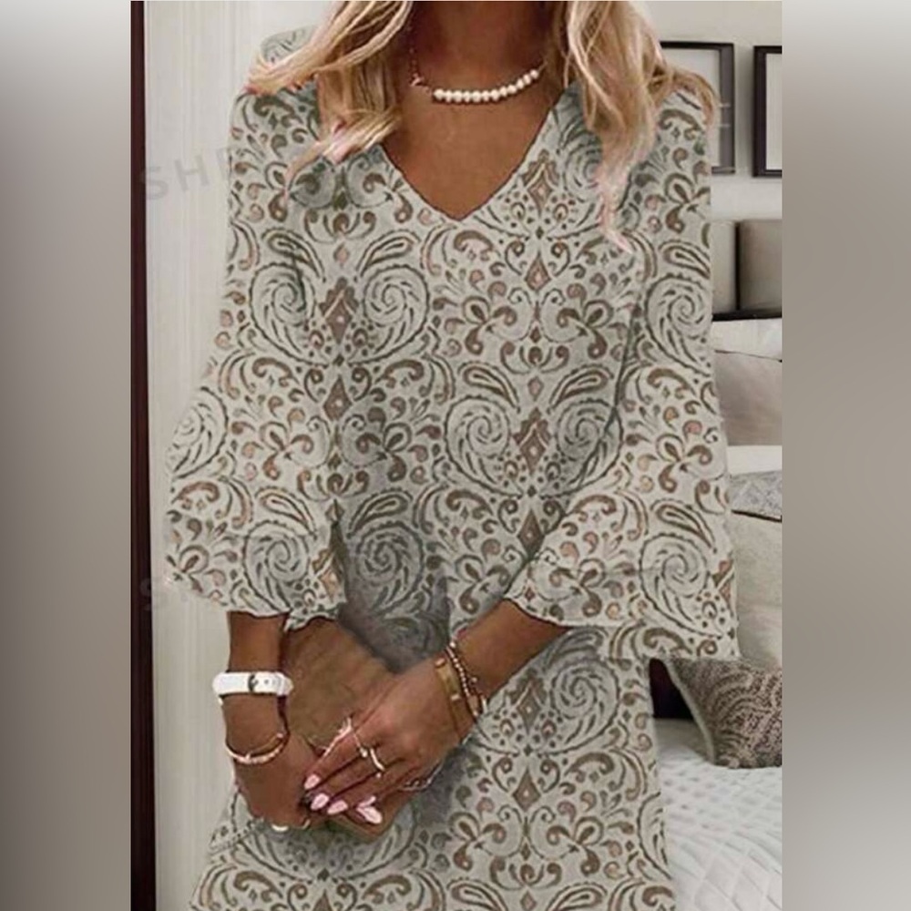 NWOT Shein Boho Khaki V-neck Flare Sleeve Dress, Large - Picture 1 of 8